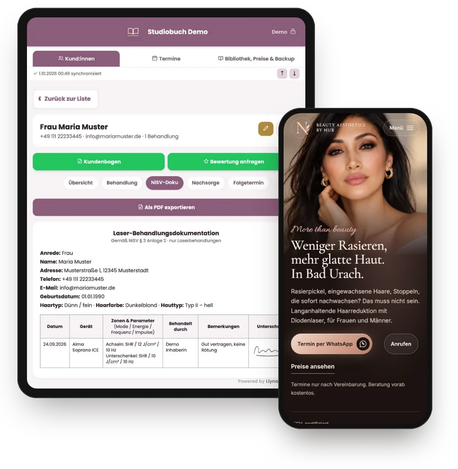 Studiobuch auf dem Tablet mit Behandlungsdokumentation und die Website eines Beauty-Studios auf dem Handy