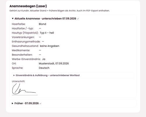Studiobuch: Anamnesebogen mit digitaler Unterschrift