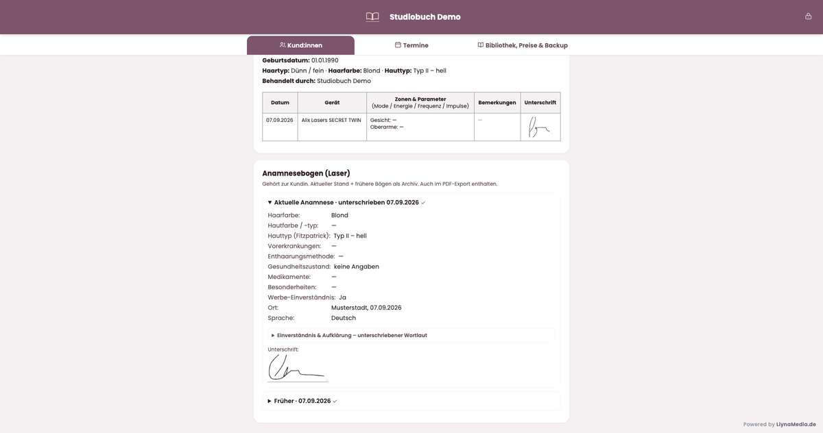 Studiobuch: Anamnesebogen mit digitaler Unterschrift