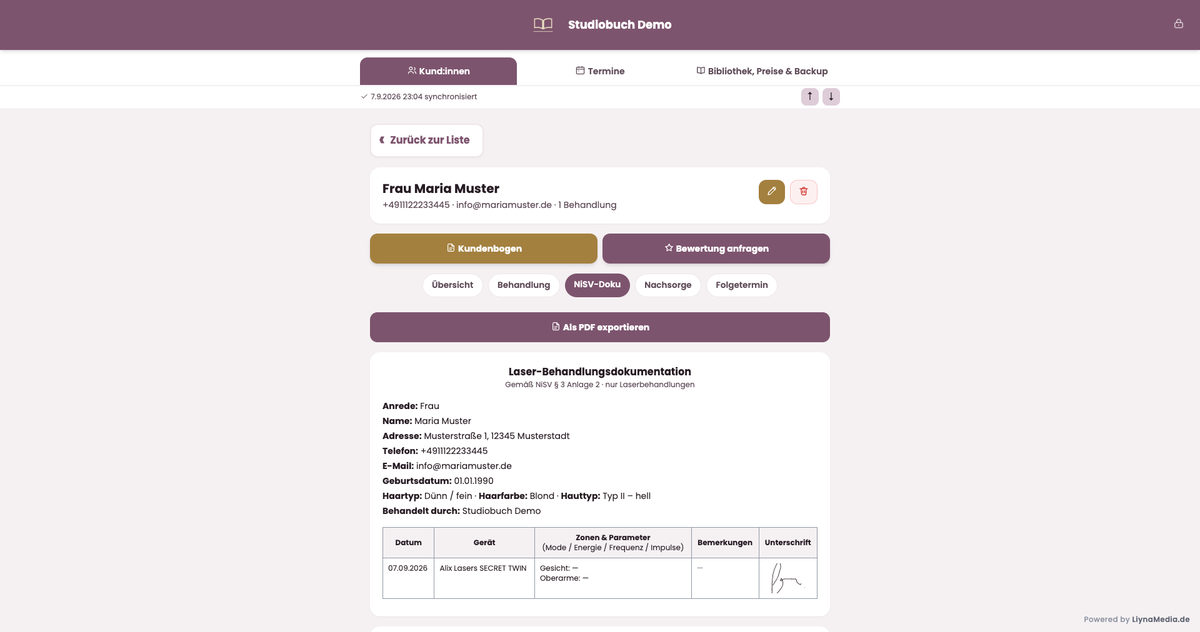 Studiobuch: Laser-Behandlungsdokumentation nach NiSV mit Unterschrift und PDF-Export